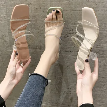 Nový Dizajn Lete Drahokamu Štvorcové Prst Sexy Dámy Módne Otvorené Prst Stiletto Strany Vysokým Podpätkom Sandále Pre Ženy
