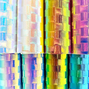 Laser Rainbow Gingham Plastický Faux PU Kožené Textílie Pre Kabelky Darčekové Krabice DIY Šijací Materiál 30x135cm Roll